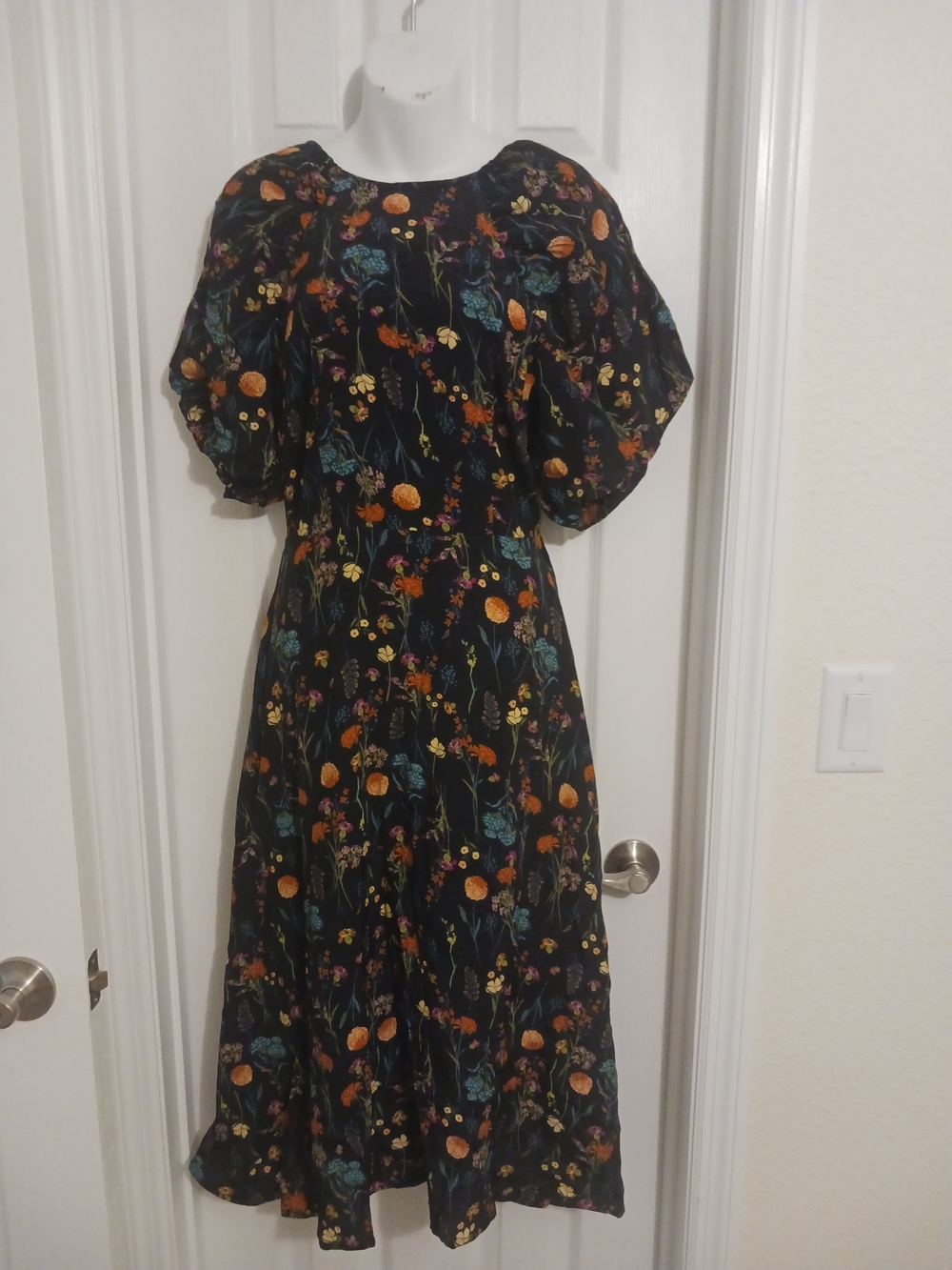 A new day Black Floral Midi Dress with Puff Sleeves Boho Chic Small